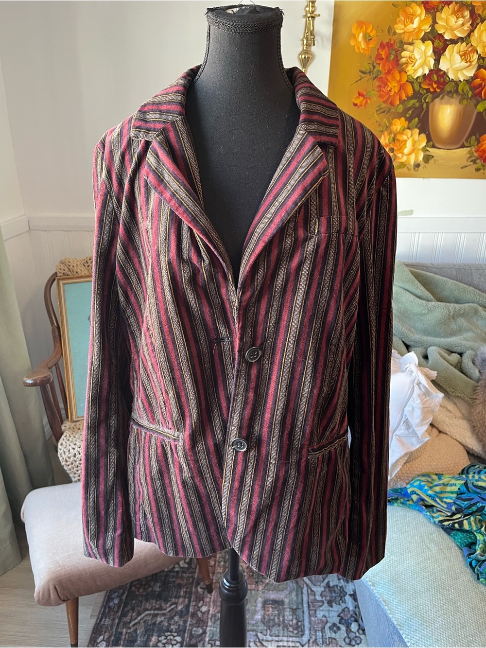 Free People B-Line Velvet Blazer Olive Stripped button up Size L